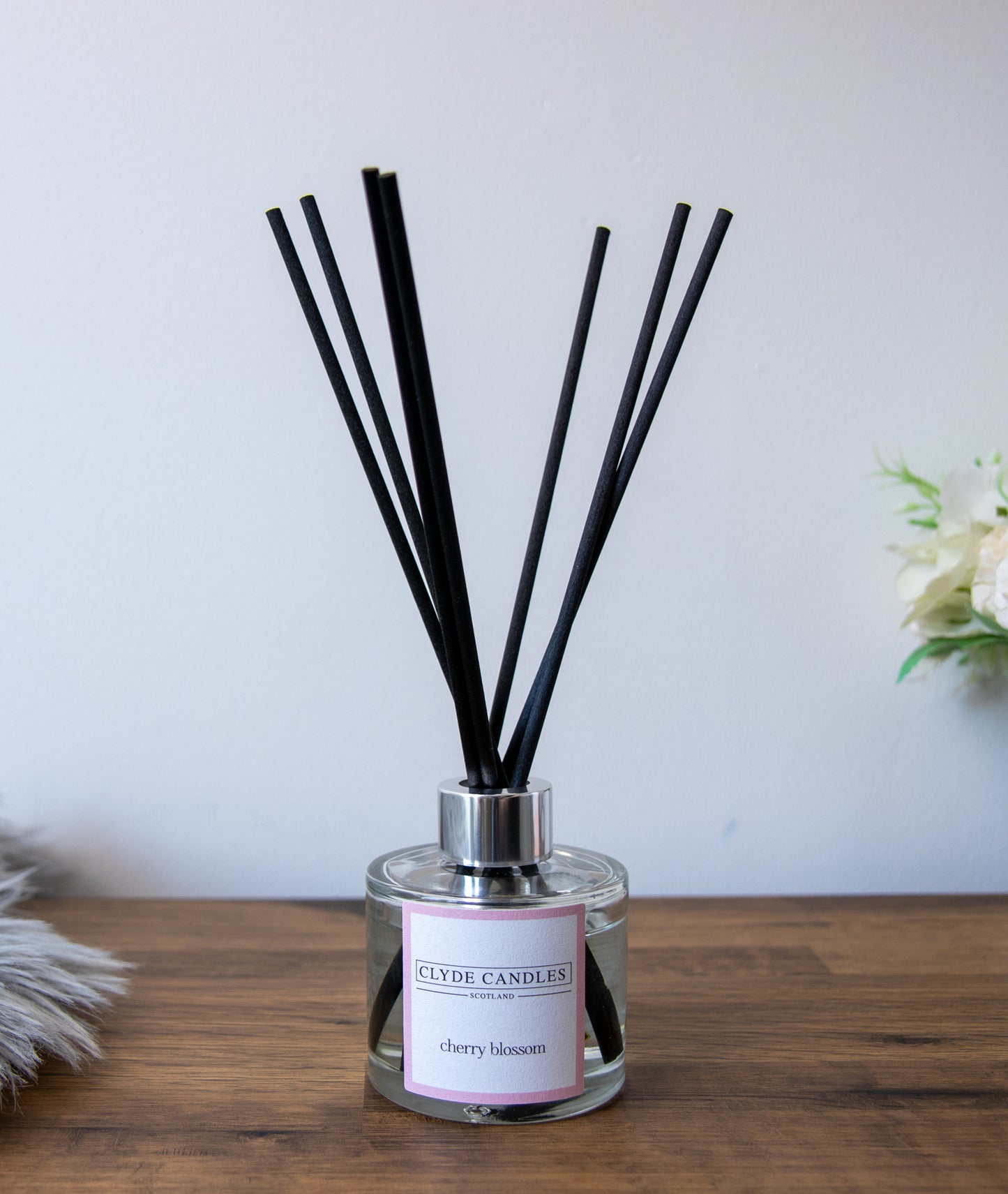 cherry blossom Reed Diffuser - Clyde Candles, Luxury Diffuser Oil with a Set of 7 Fibre Sticks, 100ml, Best Aroma Scent for Home, Kitchen, Living Room, Bathroom. Fragrance Diffusers set with sticks