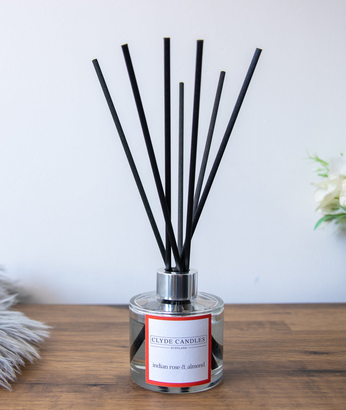 indian rose and almond Reed Diffuser - Clyde Candles, Luxury Diffuser Oil with a Set of 7 Fibre Sticks, 100ml, Best Aroma Scent for Home, Kitchen, Living Room, Bathroom. Fragrance Diffusers set with sticks