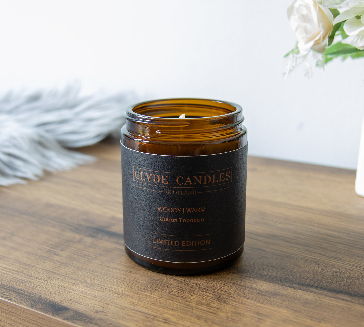 Cuban Tobacco Amber Glass, natural soy wax, clyde candles, hand made in scotland, scottish gifts, candle gifts, scented british candle gifts