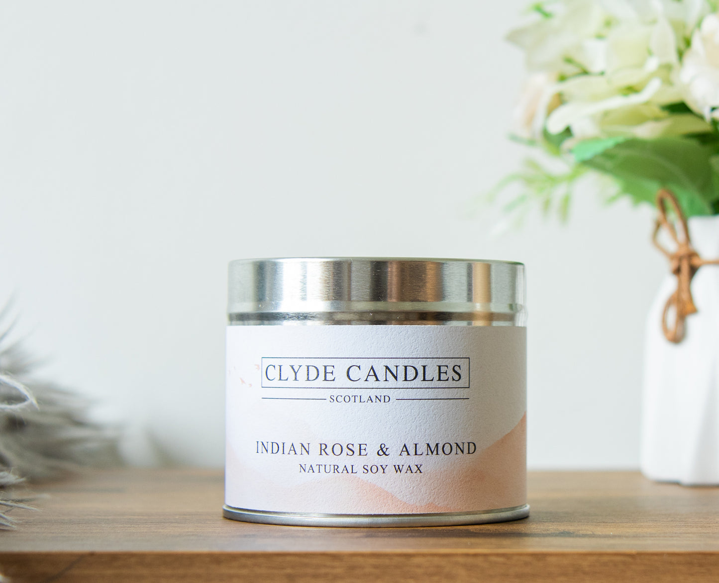 indian rose and almond natural soy candle tin, scottish gifts, british made, best for gifting