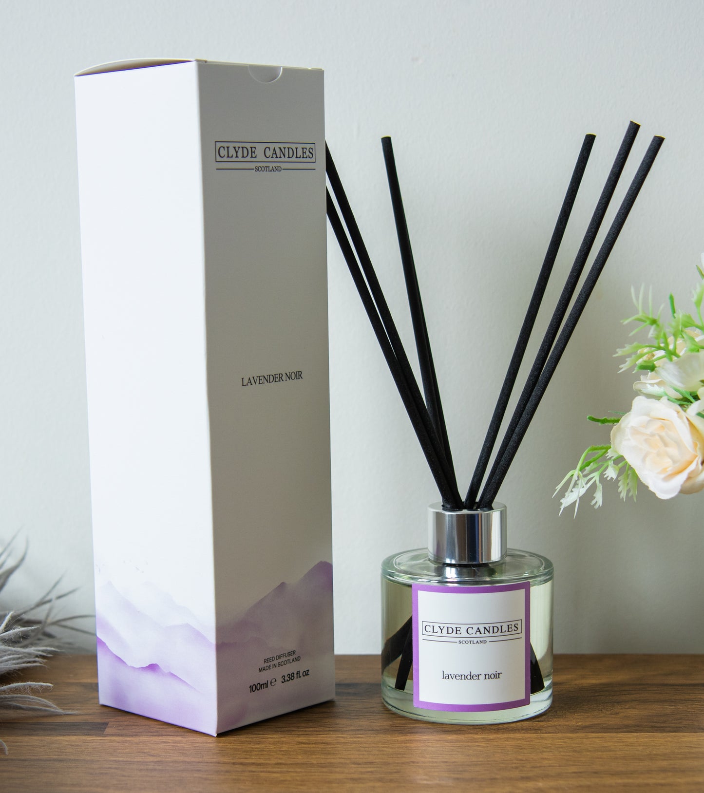 Lavender Noir Reed Diffuser - Clyde Candles, Luxury Diffuser Oil with a Set of 7 Fibre Sticks, 100ml, Best Aroma Scent for Home, Kitchen, Living Room, Bathroom. Fragrance Diffusers set with sticks