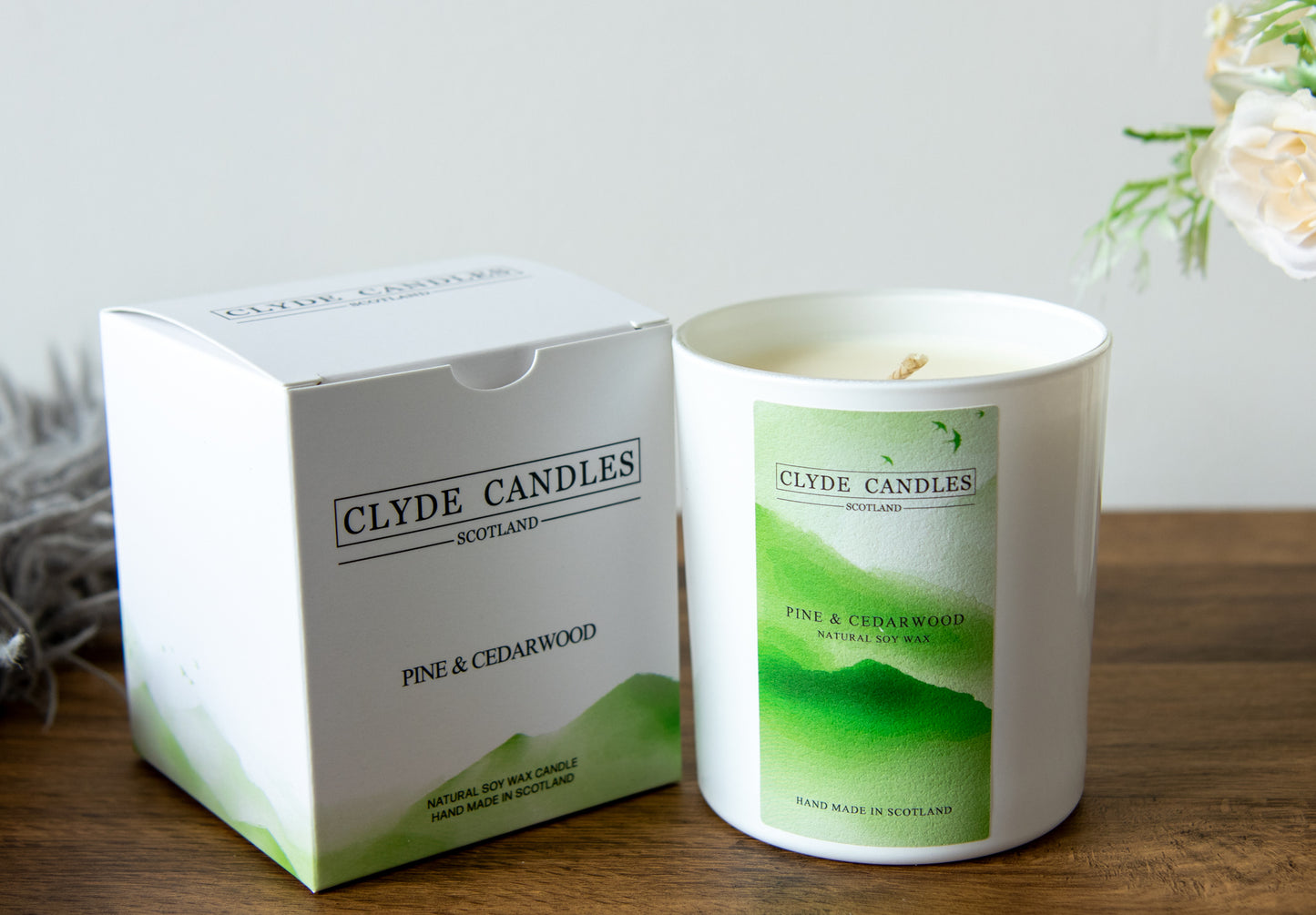 pine and cedarwood natural soy candle, christmas tree candle, clyde candles scottish hand mad gifts