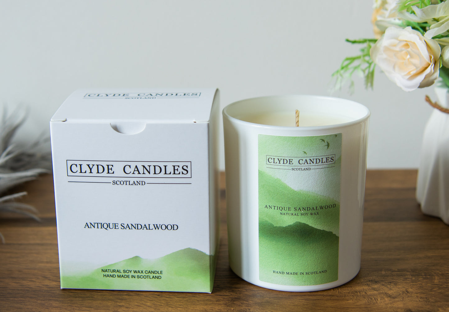 Antique Sandalwood Gift Box Candle - Large Glass Natural Soy wax, Scottish Candles, Clyde Candles