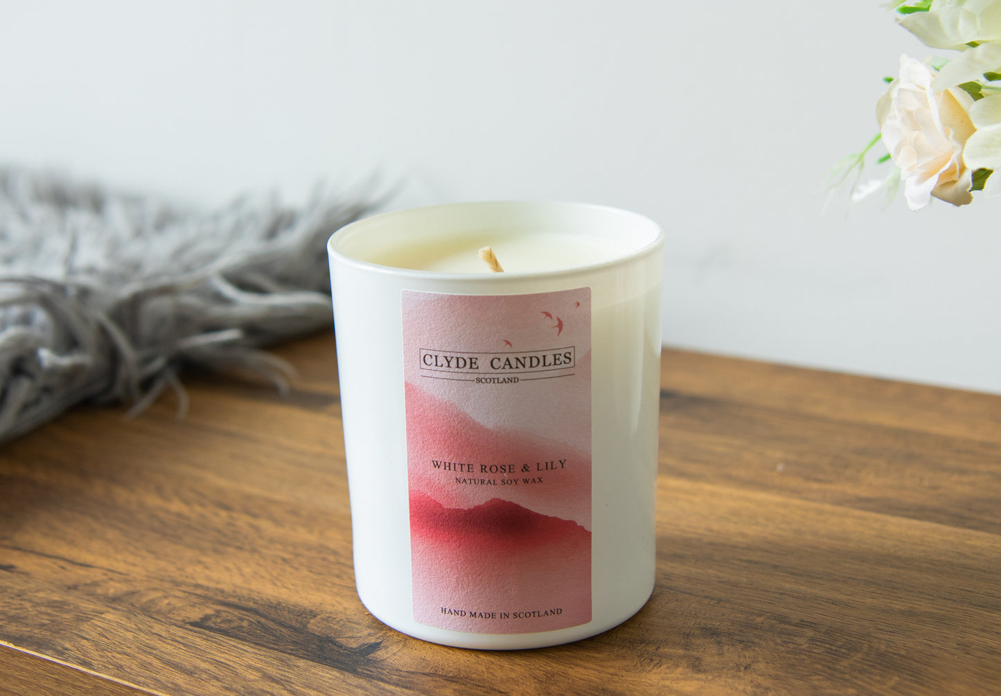 white rose and lily, scented natural soy wax candle gift box, 30cl white glass, hand made british, scottish candle, fairy dust,