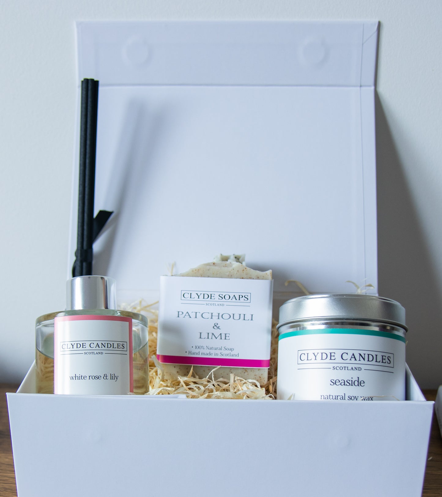 clyde candles Hamper Gift (Diffuser, Candle Tin, Natural Soap Bar) hand made in scotland , scottish gifts, british made