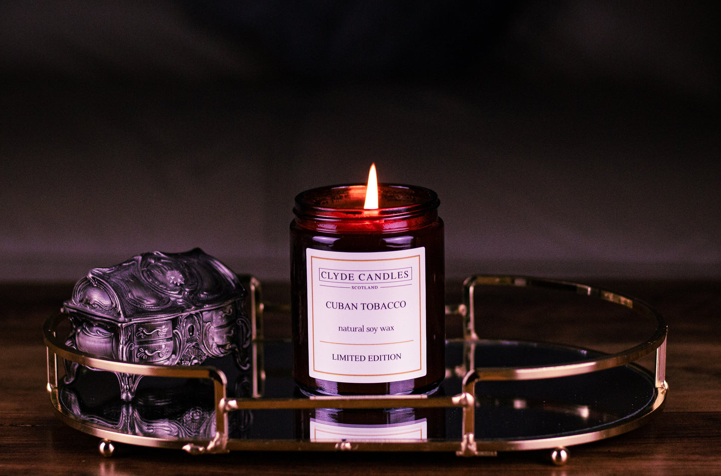 Cuban Tobacco Amber Glass, natural soy wax, clyde candles, hand made in scotland, scottish gifts, candle gifts, scented british candle gifts