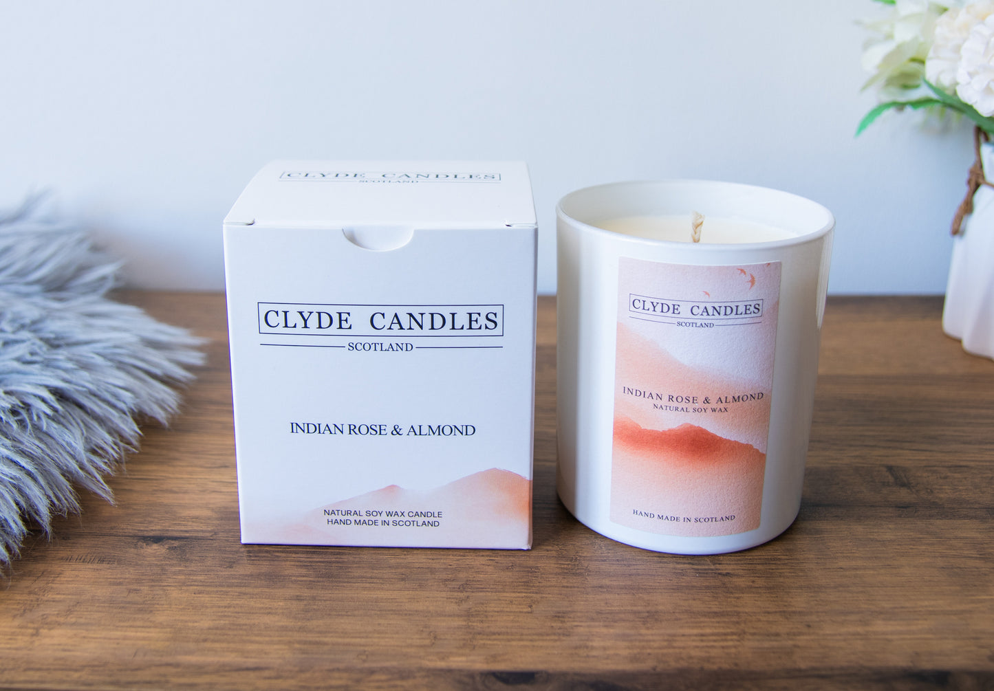 indian rose and almond Box Candle - Large Glass Natural Soy wax, Scottish Candles, Clyde Candles, luxury scottish gifts for her