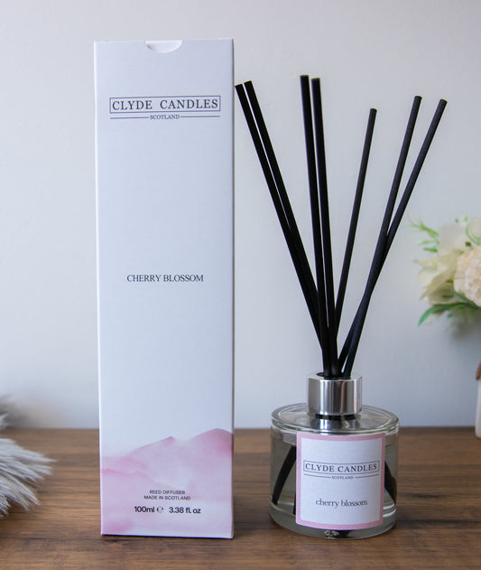 cherry blossom Reed Diffuser - Clyde Candles, Luxury Diffuser Oil with a Set of 7 Fibre Sticks, 100ml, Best Aroma Scent for Home, Kitchen, Living Room, Bathroom. Fragrance Diffusers set with sticks