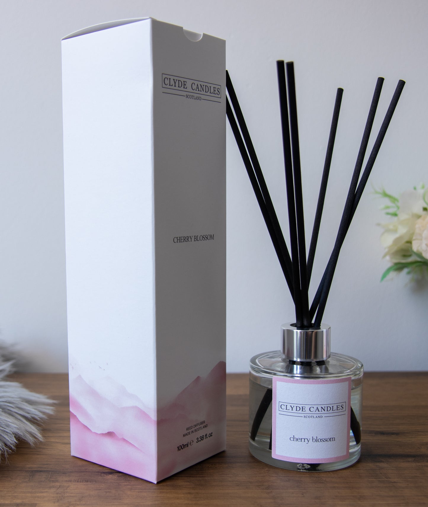 cherry blossom Reed Diffuser - Clyde Candles, Luxury Diffuser Oil with a Set of 7 Fibre Sticks, 100ml, Best Aroma Scent for Home, Kitchen, Living Room, Bathroom. Fragrance Diffusers set with sticks