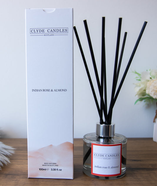 indian rose and almond Reed Diffuser - Clyde Candles, Luxury Diffuser Oil with a Set of 7 Fibre Sticks, 100ml, Best Aroma Scent for Home, Kitchen, Living Room, Bathroom. Fragrance Diffusers set with sticks