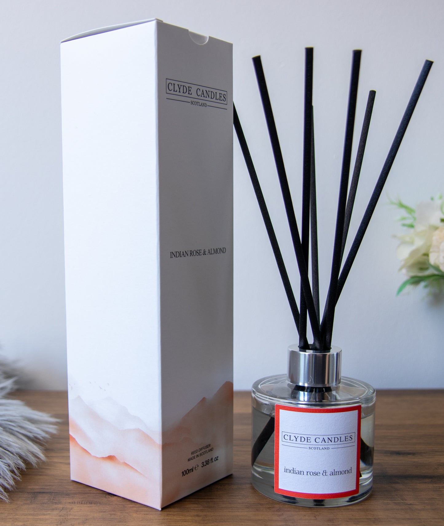 indian rose and almond Reed Diffuser - Clyde Candles, Luxury Diffuser Oil with a Set of 7 Fibre Sticks, 100ml, Best Aroma Scent for Home, Kitchen, Living Room, Bathroom. Fragrance Diffusers set with sticks