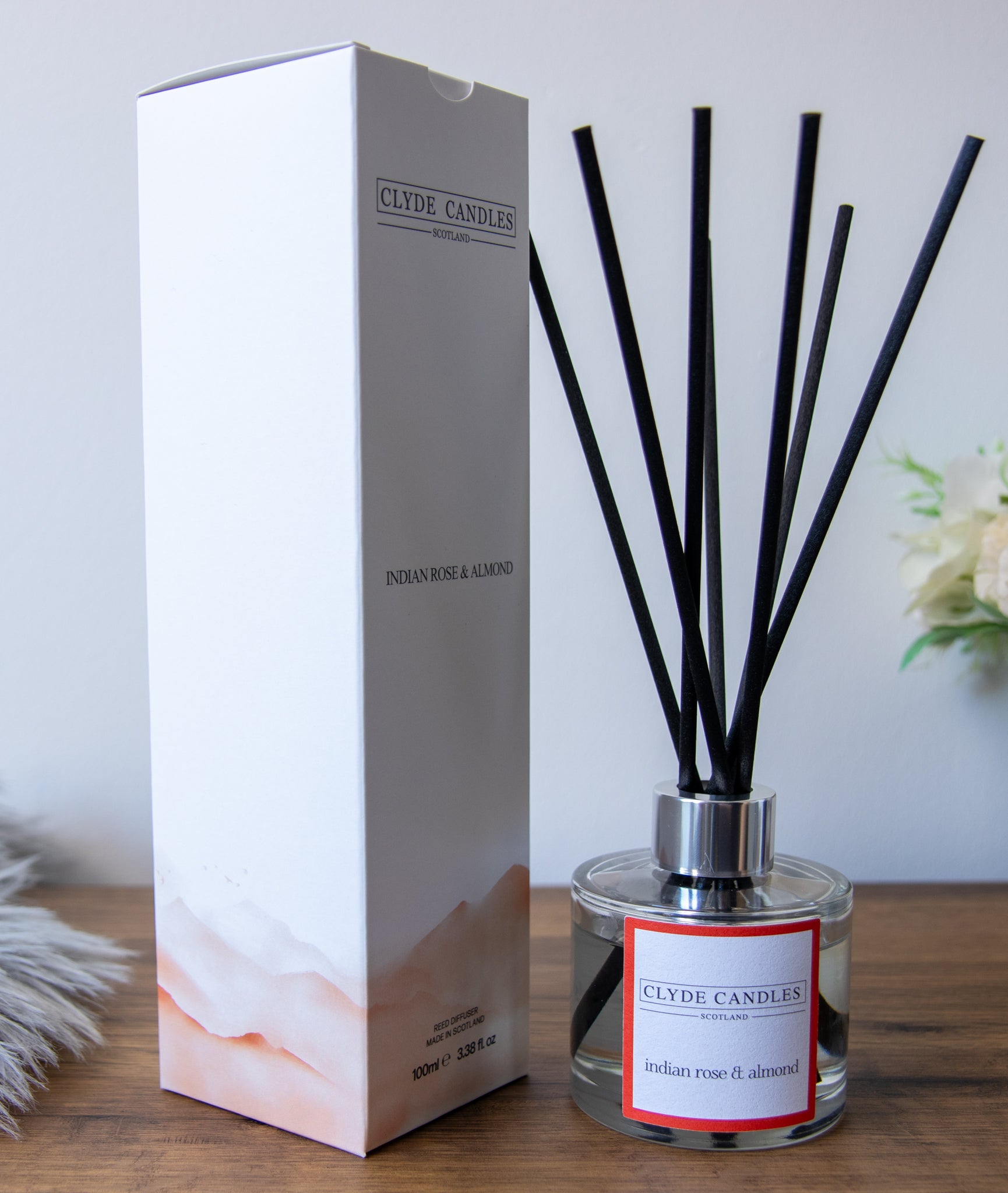 indian rose and almond Reed Diffuser - Clyde Candles, Luxury Diffuser Oil with a Set of 7 Fibre Sticks, 100ml, Best Aroma Scent for Home, Kitchen, Living Room, Bathroom. Fragrance Diffusers set with sticks