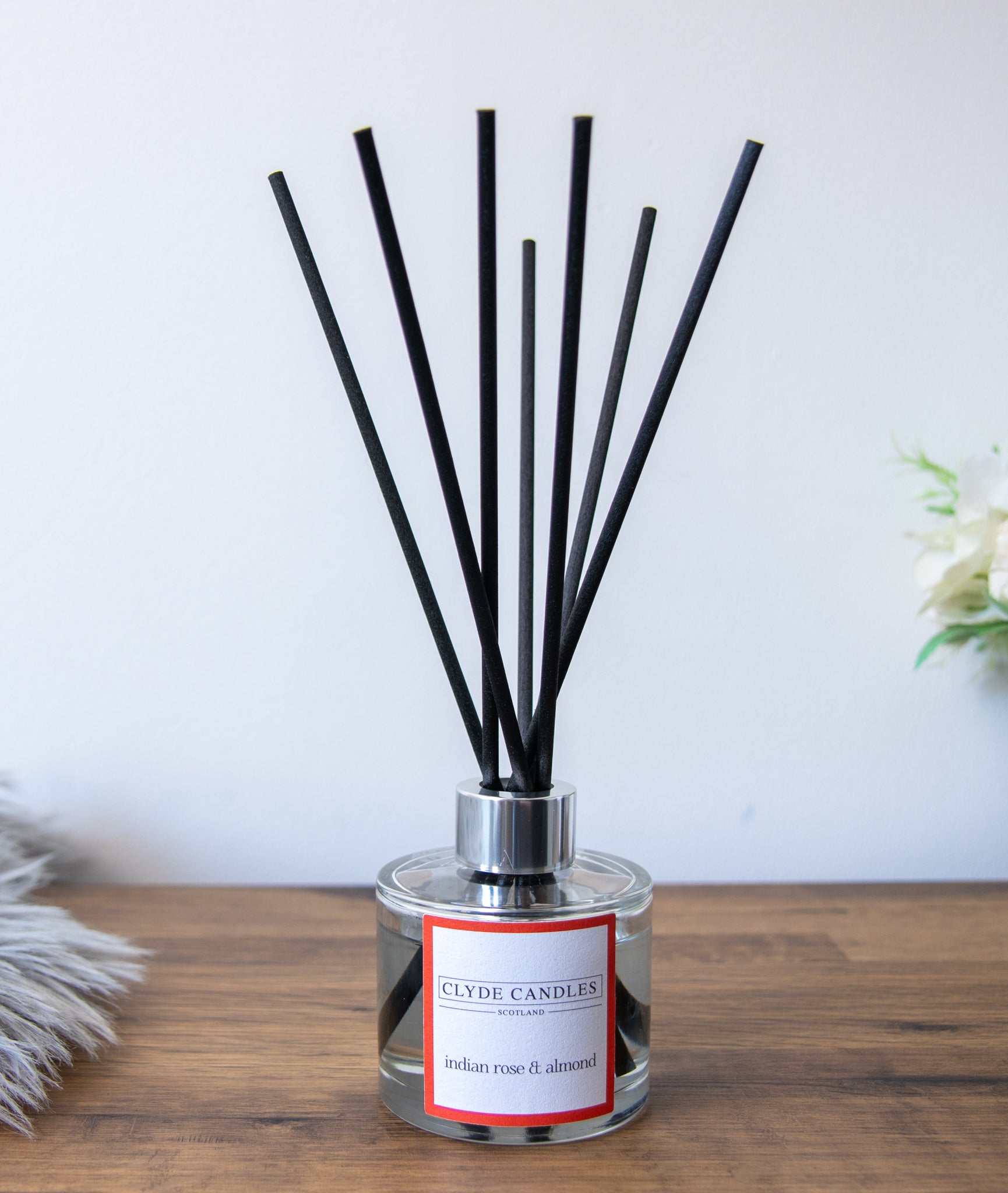 indian rose and almond Reed Diffuser - Clyde Candles, Luxury Diffuser Oil with a Set of 7 Fibre Sticks, 100ml, Best Aroma Scent for Home, Kitchen, Living Room, Bathroom. Fragrance Diffusers set with sticks