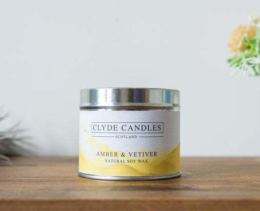 Amber & Vetiver Scented Candle Tin, Natural Soy wax, Scottish Candles, Clyde Candles