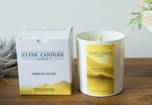 Amber & Vetiver Gift Box Candle - Large Glass Natural Soy wax, Scottish Candles, Clyde Candles, luxury scottish gifts for her
