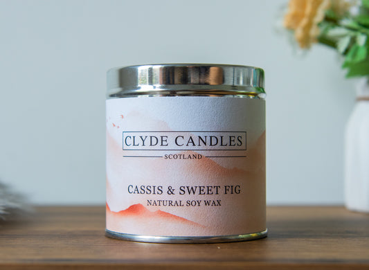 Cassis & Sweet Fig Candle Tin Natural Soy wax, Scottish Candles, Clyde Candles