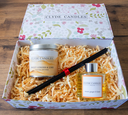 Clyde Candles soy candle tin and reed diffuser with gift box