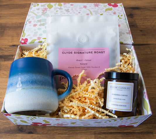 Clyde Morning Coffee Hamper with blue stoneware mug, coffee beans and soy candle