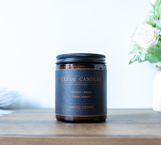 Cuban Tobacco Amber Glass, natural soy wax, clyde candles, hand made in scotland, scottish gifts, candle gifts, scented british candle gifts