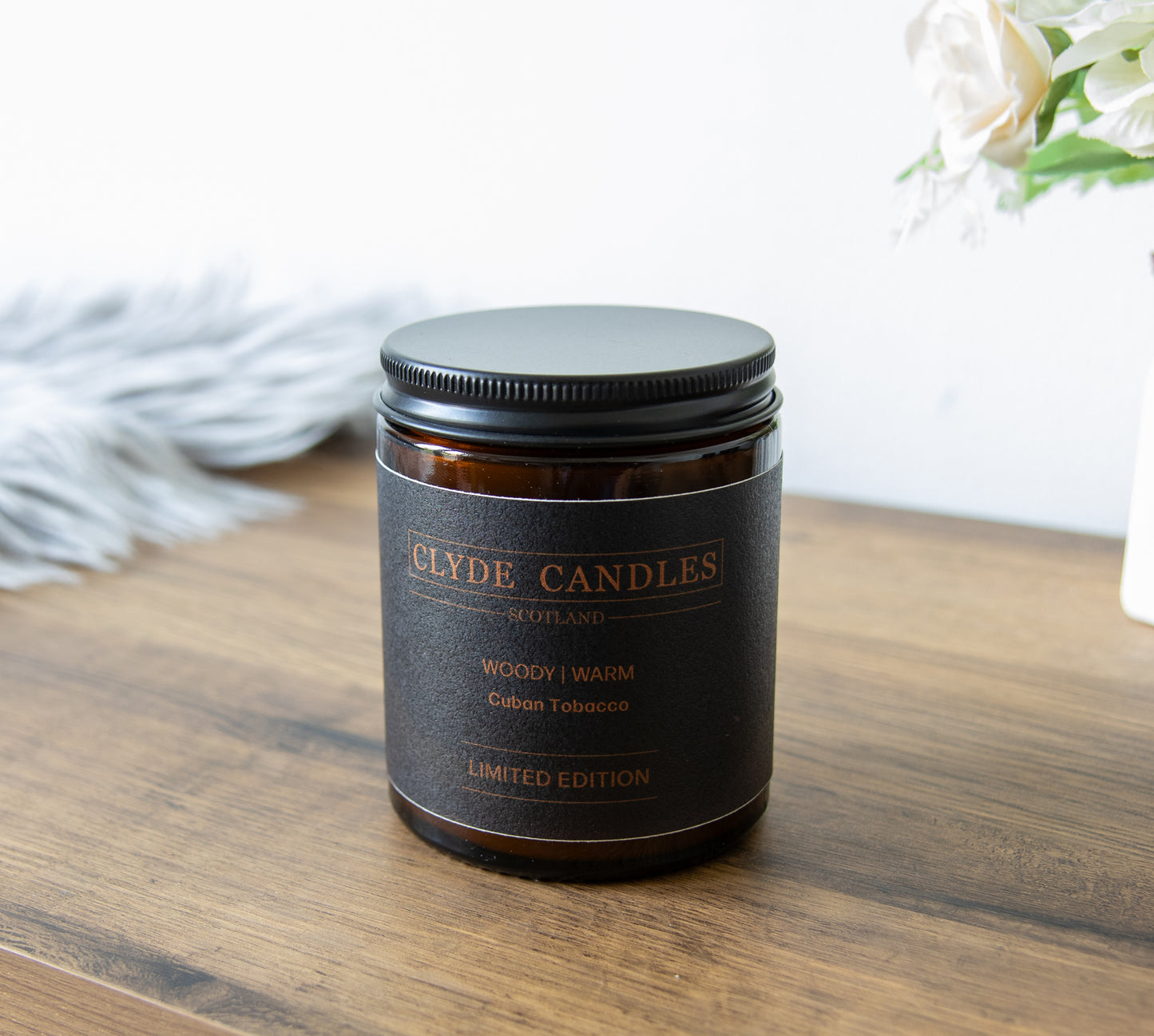 Cuban Tobacco Amber Glass, natural soy wax, clyde candles, hand made in scotland, scottish gifts, candle gifts, scented british candle gifts