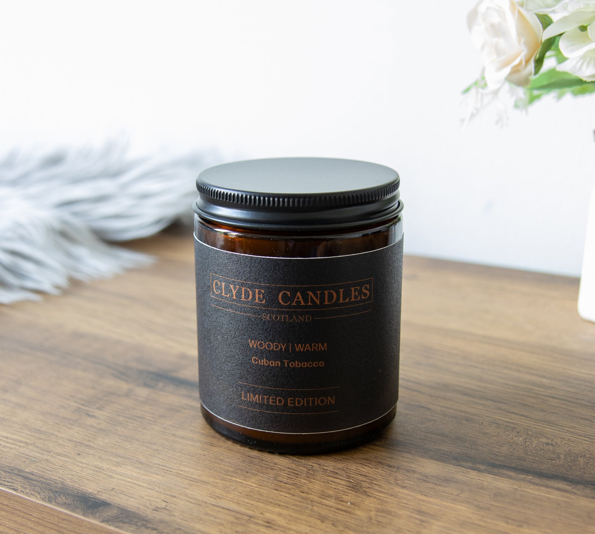 Cuban Tobacco Amber Glass, natural soy wax, clyde candles, hand made in scotland, scottish gifts, candle gifts, scented british candle gifts