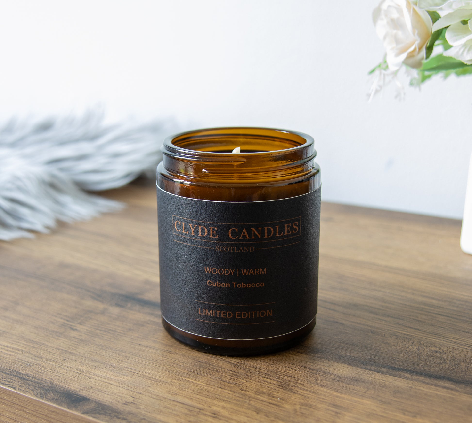Cuban Tobacco Amber Glass, natural soy wax, clyde candles, hand made in scotland, scottish gifts, candle gifts, scented british candle gifts