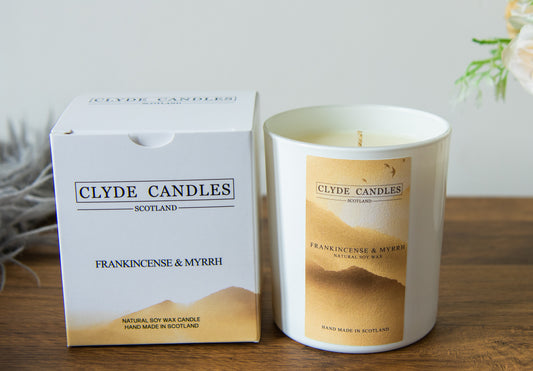 Frankincense & Myrrh Gift Box Candle - Large Glass Natural Soy wax, Scottish Candles, Clyde Candles