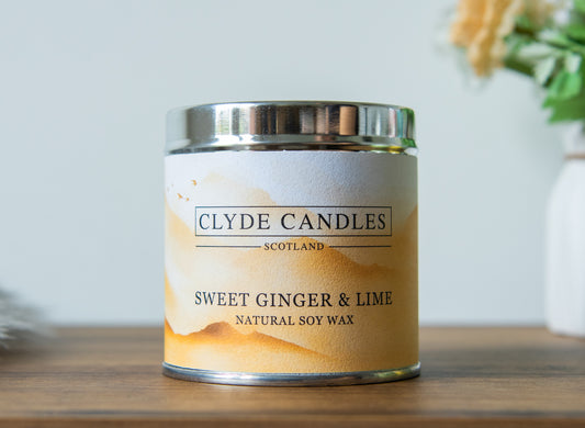 Sweet Ginger & Lime Scented Candle Tin, Natural Soy wax, Scottish Candles, Clyde Candles