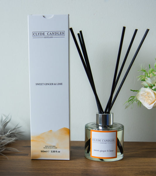 Sweet Ginger & Lime Reed Diffuser - Clyde Candles, Luxury Diffuser Oil with a Set of 7 Fibre Sticks, 100ml, Best Aroma Scent for Home, Kitchen, Living Room, Bathroom. Fragrance Diffusers set with sticks