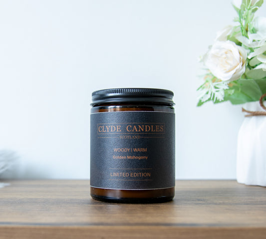 Golden Mahogany Amber Glass, natural soy wax, clyde candles, hand made in scotland, scottish gifts, candle gifts, scented british candle gifts