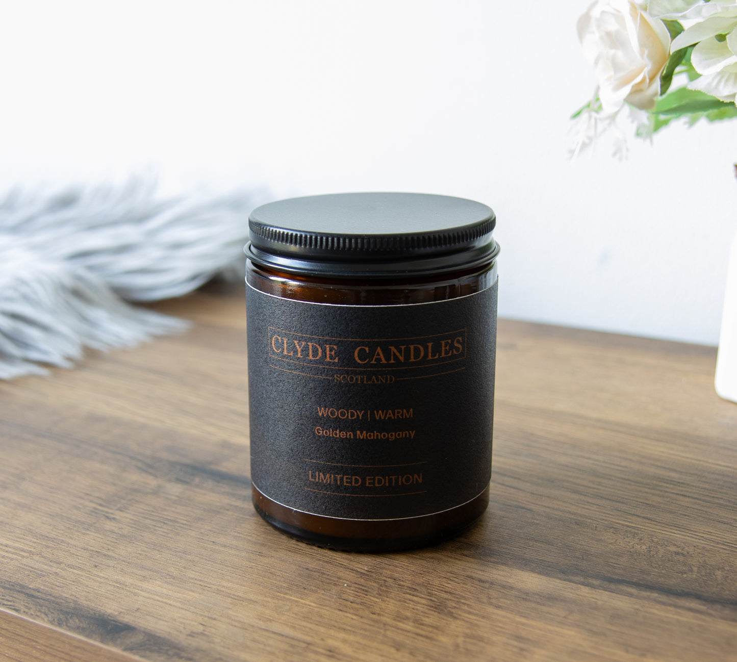 Golden Mahogany Amber Glass, natural soy wax, clyde candles, hand made in scotland, scottish gifts, candle gifts, scented british candle gifts