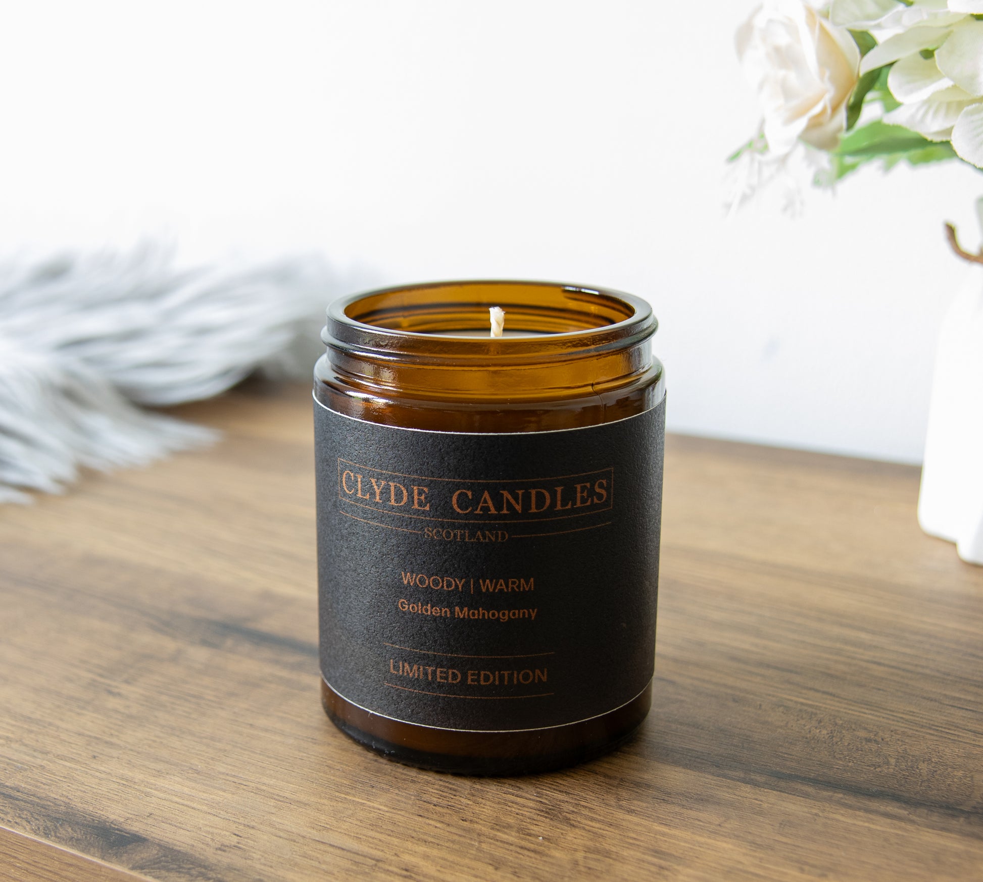 Golden Mahogany Amber Glass, natural soy wax, clyde candles, hand made in scotland, scottish gifts, candle gifts, scented british candle gifts