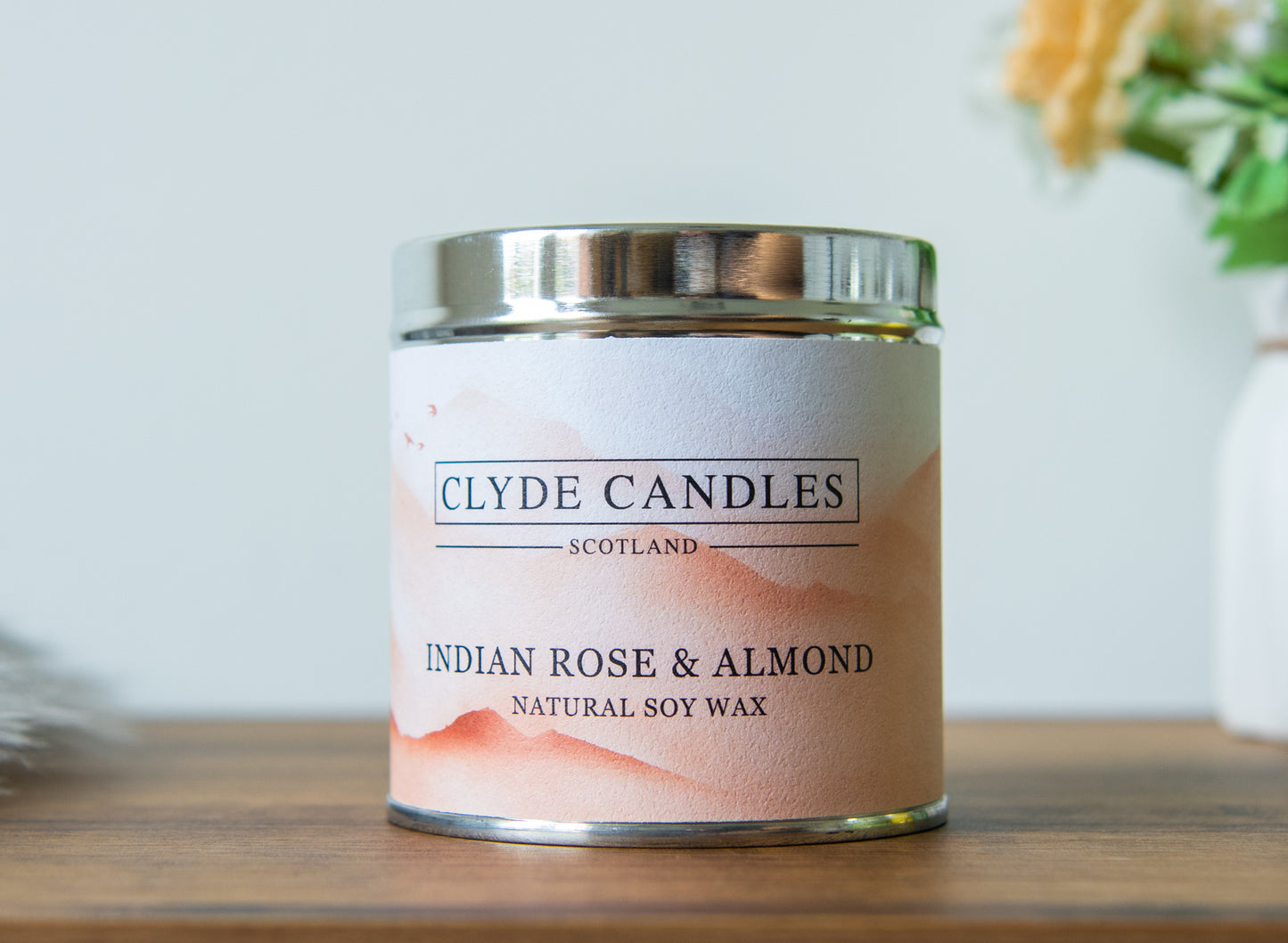 indian rose and almond natural soy candle tin, scottish gifts, british made, best for gifting