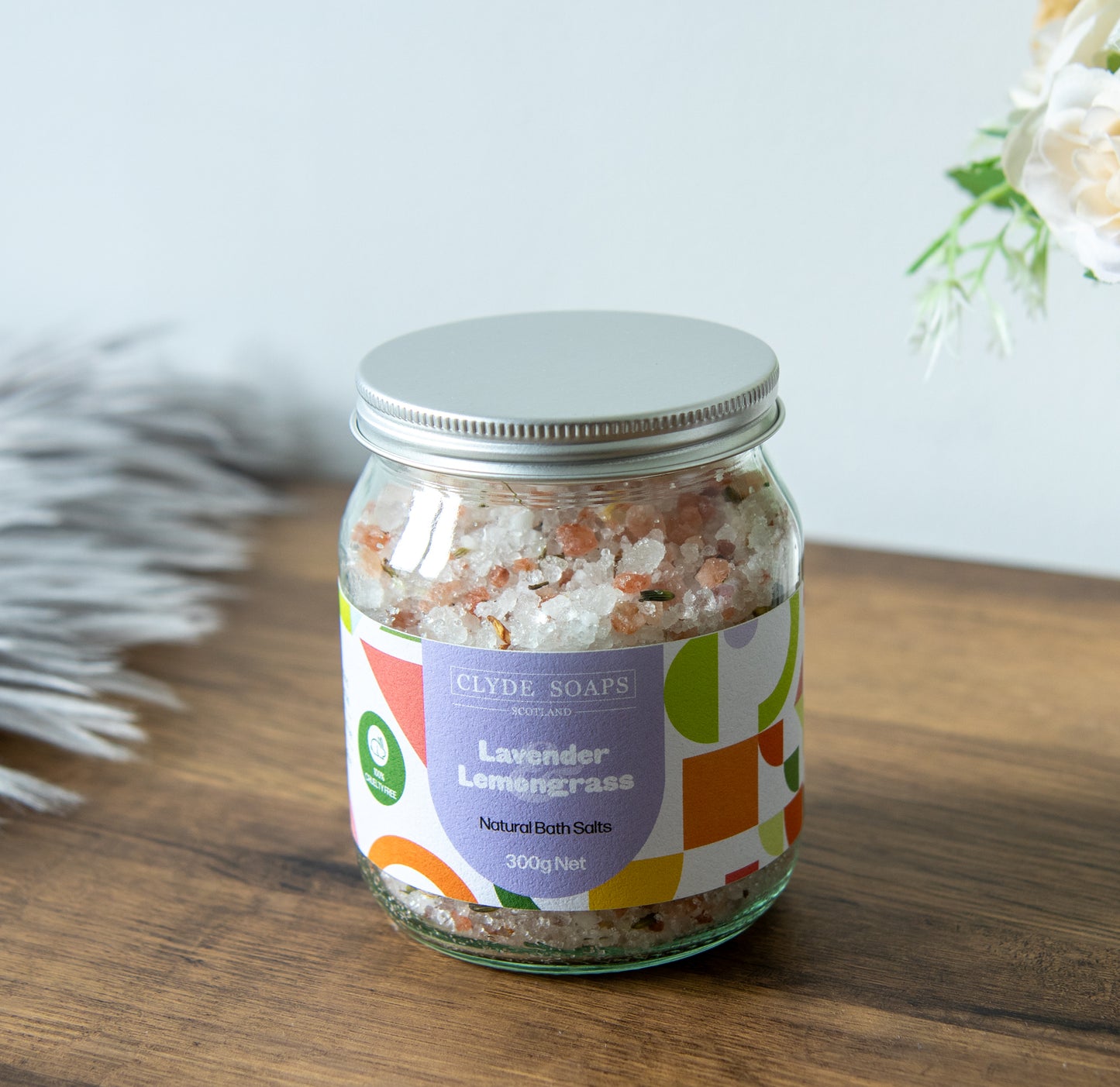 Glass jar of Clyde Candles Lavender & Lemongrass Bath Salts