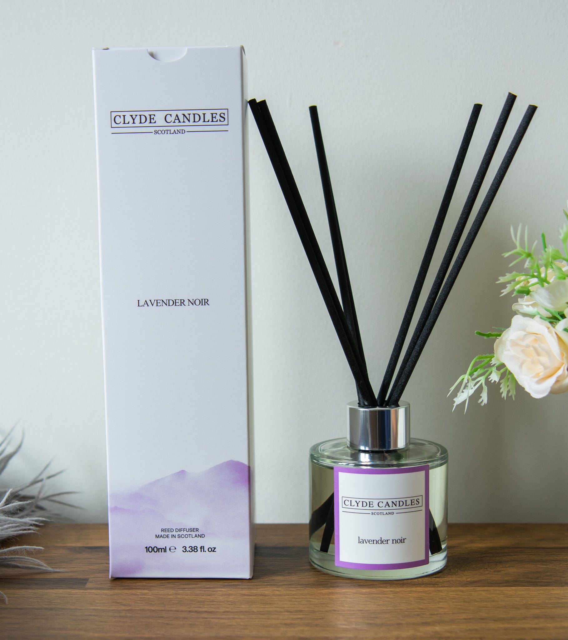 Lavender Noir Reed Diffuser - Clyde Candles, Luxury Diffuser Oil with a Set of 7 Fibre Sticks, 100ml, Best Aroma Scent for Home, Kitchen, Living Room, Bathroom. Fragrance Diffusers set with sticks