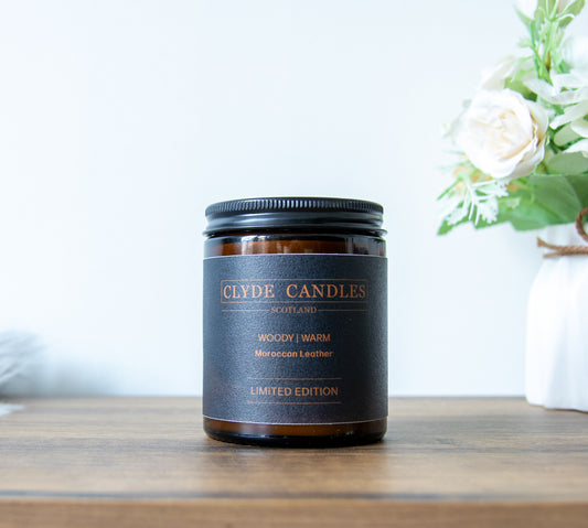 moroccan leather natural soy wax, clyde candles, hand made in scotland, scottish gifts, candle gifts, scented british candle gifts