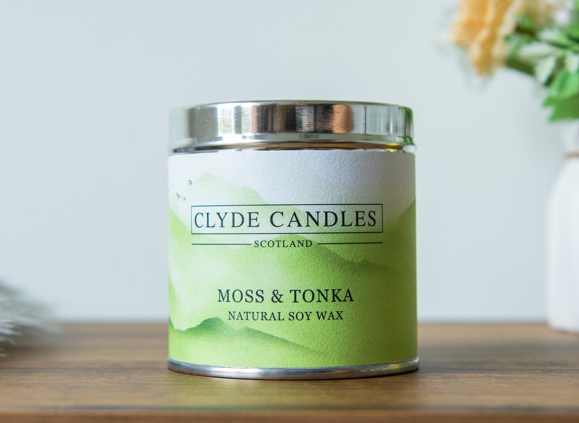 moss and tonka natural soy candle tin, scottish gifts, british made, best for gifting