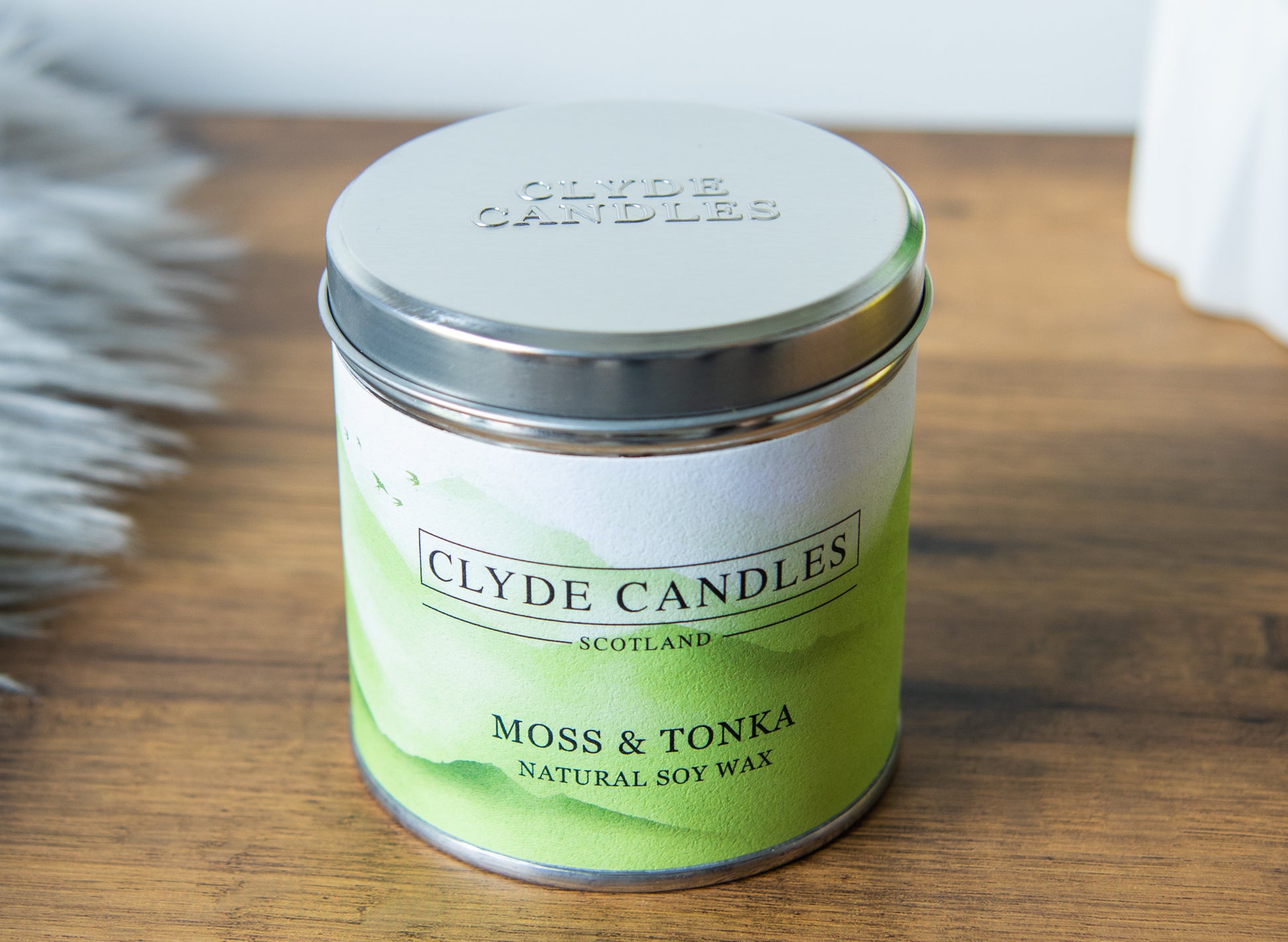 moss and tonka natural soy candle tin, scottish gifts, british made, best for gifting