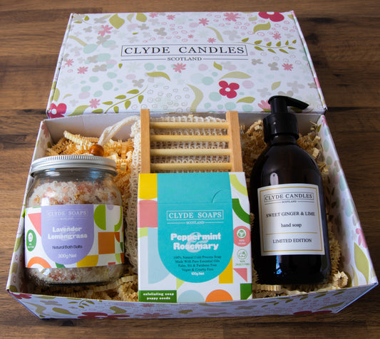 Natural soap, bath salts, hand wash, wooden soap holder and sisal soap saver gift set