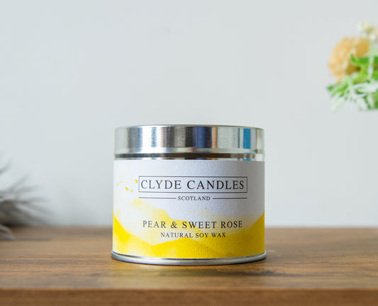 Clyde candles pear and sweet rose, hand made soy candle made in scotland