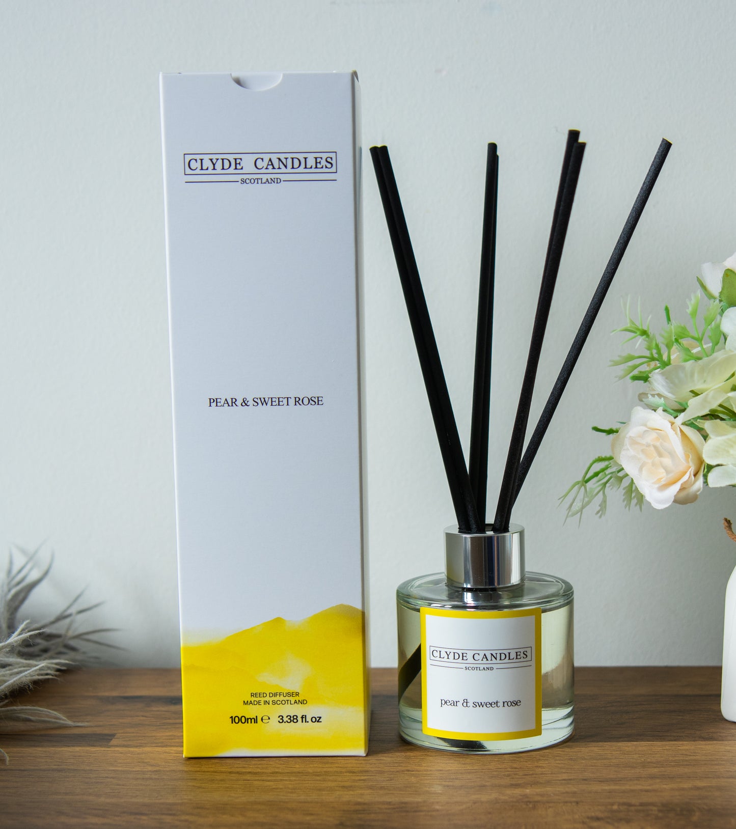 Pear And Sweet Rose Reed Diffuser - Clyde Candles, Luxury Diffuser Oil with a Set of 7 Fibre Sticks, 100ml, Best Aroma Scent for Home, Kitchen, Living Room, Bathroom. Fragrance Diffusers set with sticks