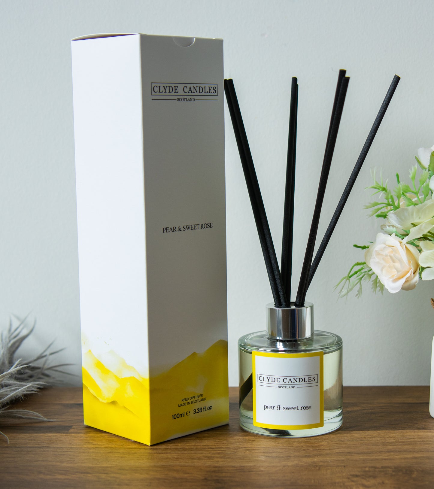 Pear And Sweet Rose Reed Diffuser - Clyde Candles, Luxury Diffuser Oil with a Set of 7 Fibre Sticks, 100ml, Best Aroma Scent for Home, Kitchen, Living Room, Bathroom. Fragrance Diffusers set with sticks
