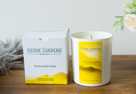 Clyde candles pear and sweet rose glass gift box hand made soy candle made in scotland