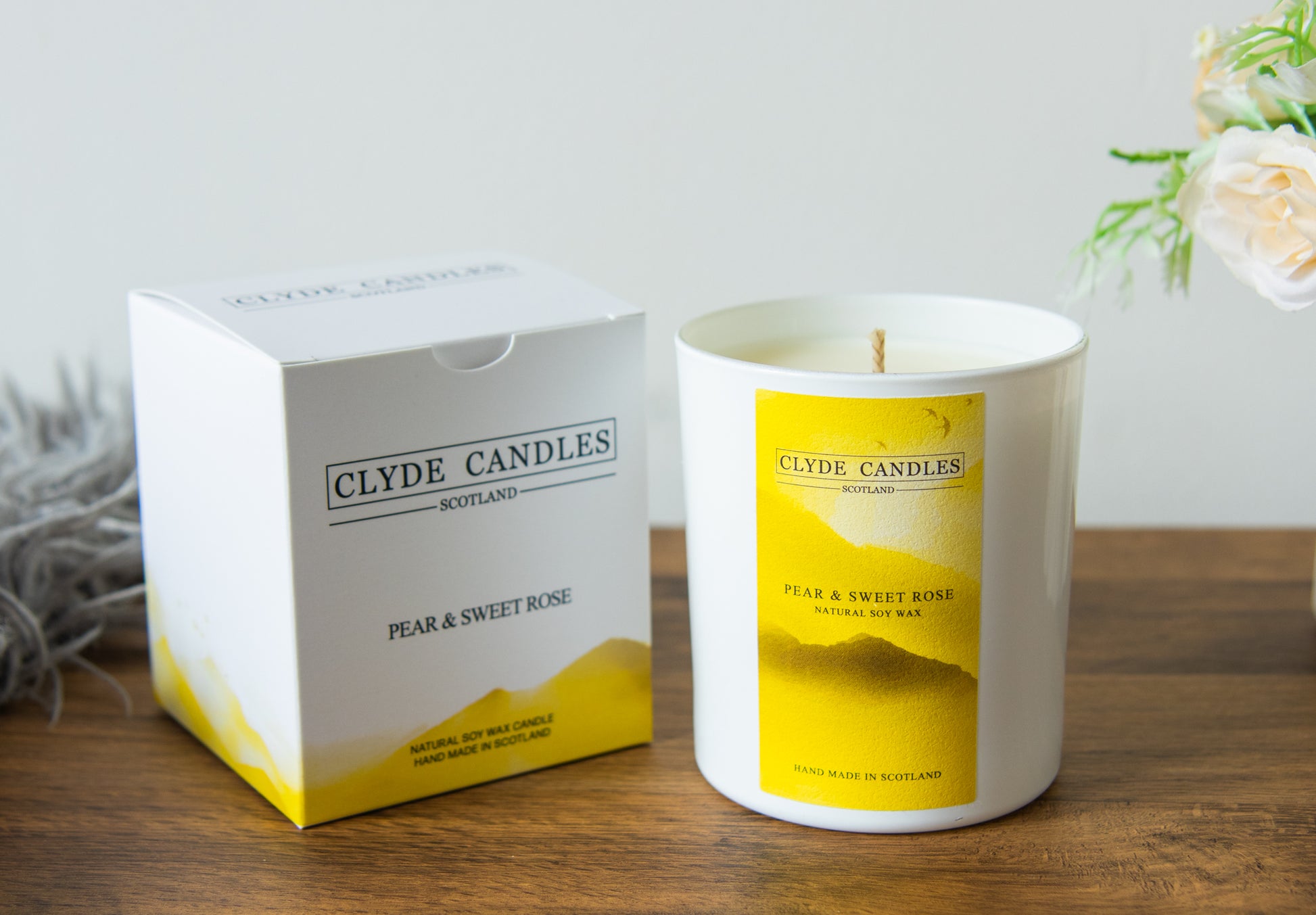 Clyde candles pear and sweet rose glass gift box hand made soy candle made in scotland
