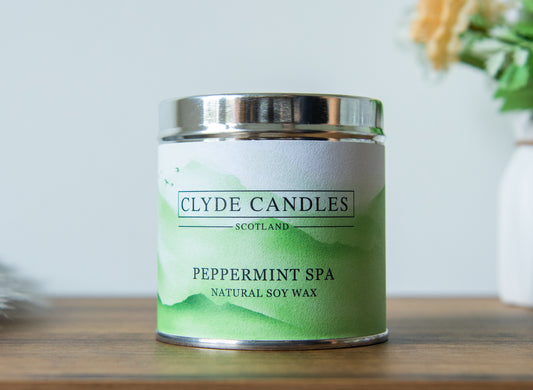 Peppermint Spa Scented Candle Tin Natural Soy wax, Scottish Candles, Clyde Candles