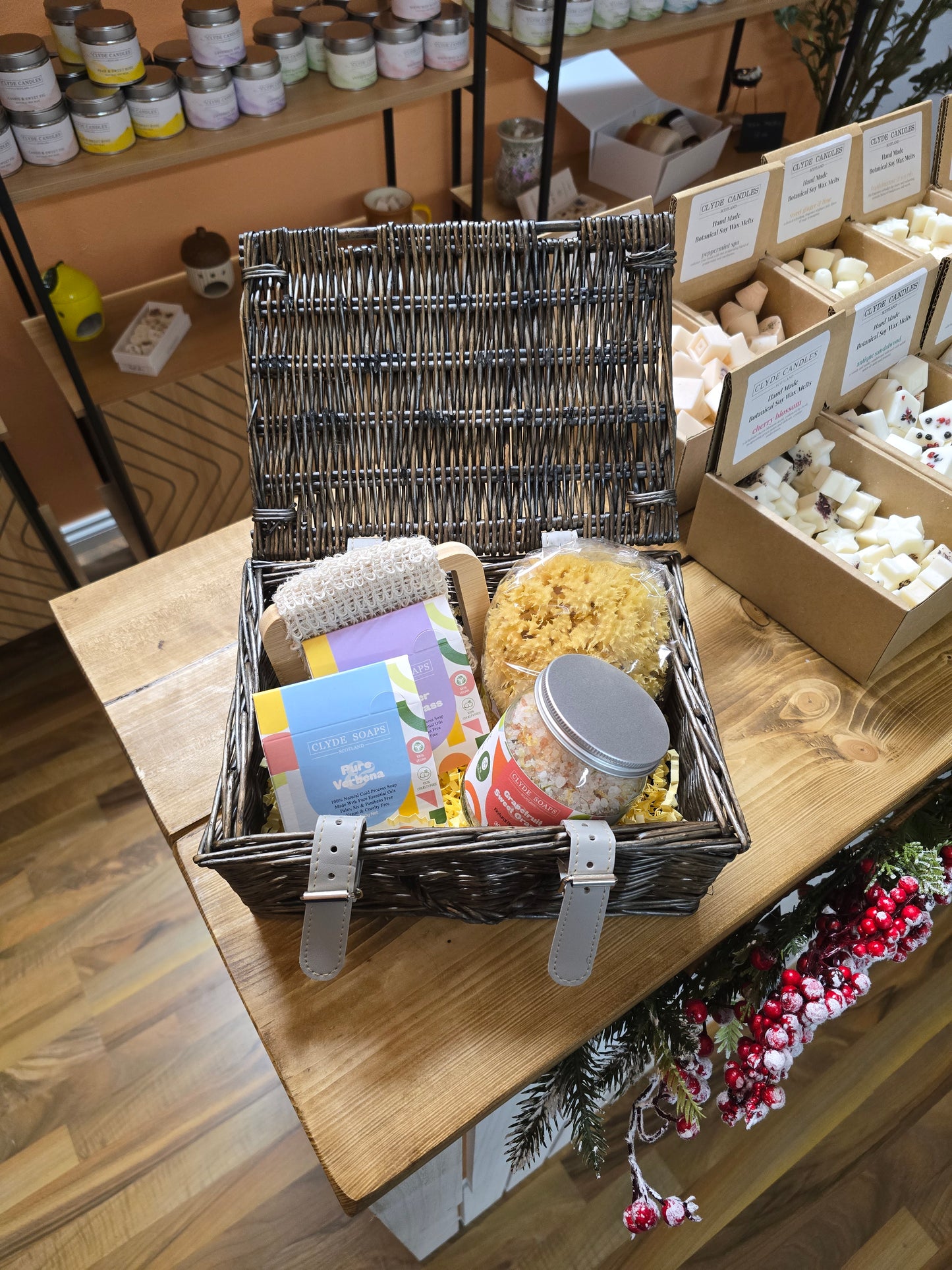 Luxury spa hamper with natural sponge, soaps, bath salts and accessories