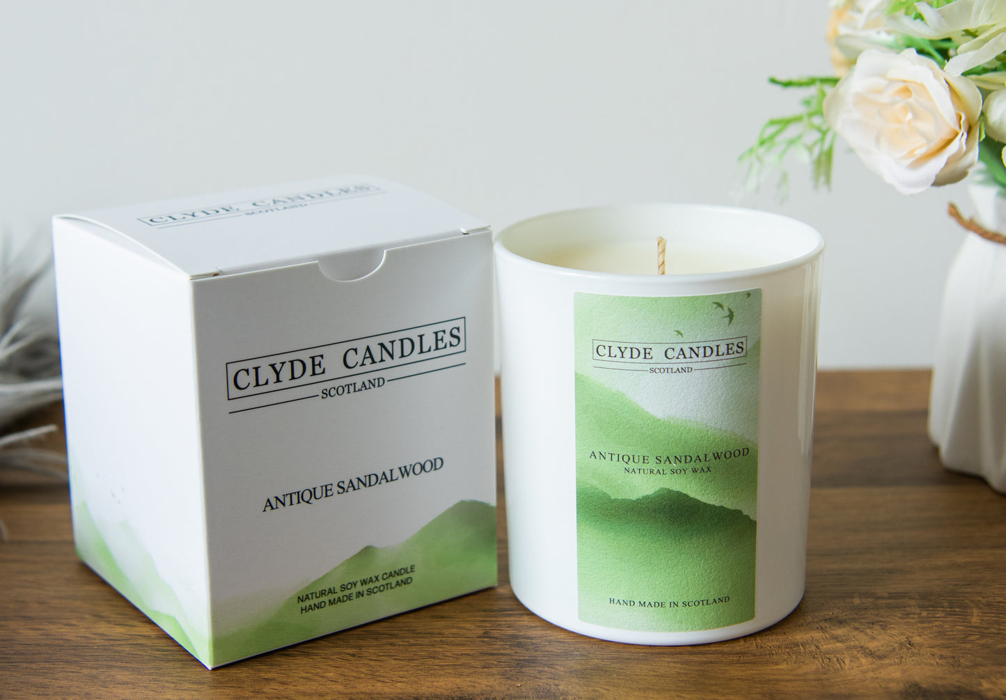 Antique Sandalwood Gift Box Candle - Large Glass Natural Soy wax, Scottish Candles, Clyde Candles