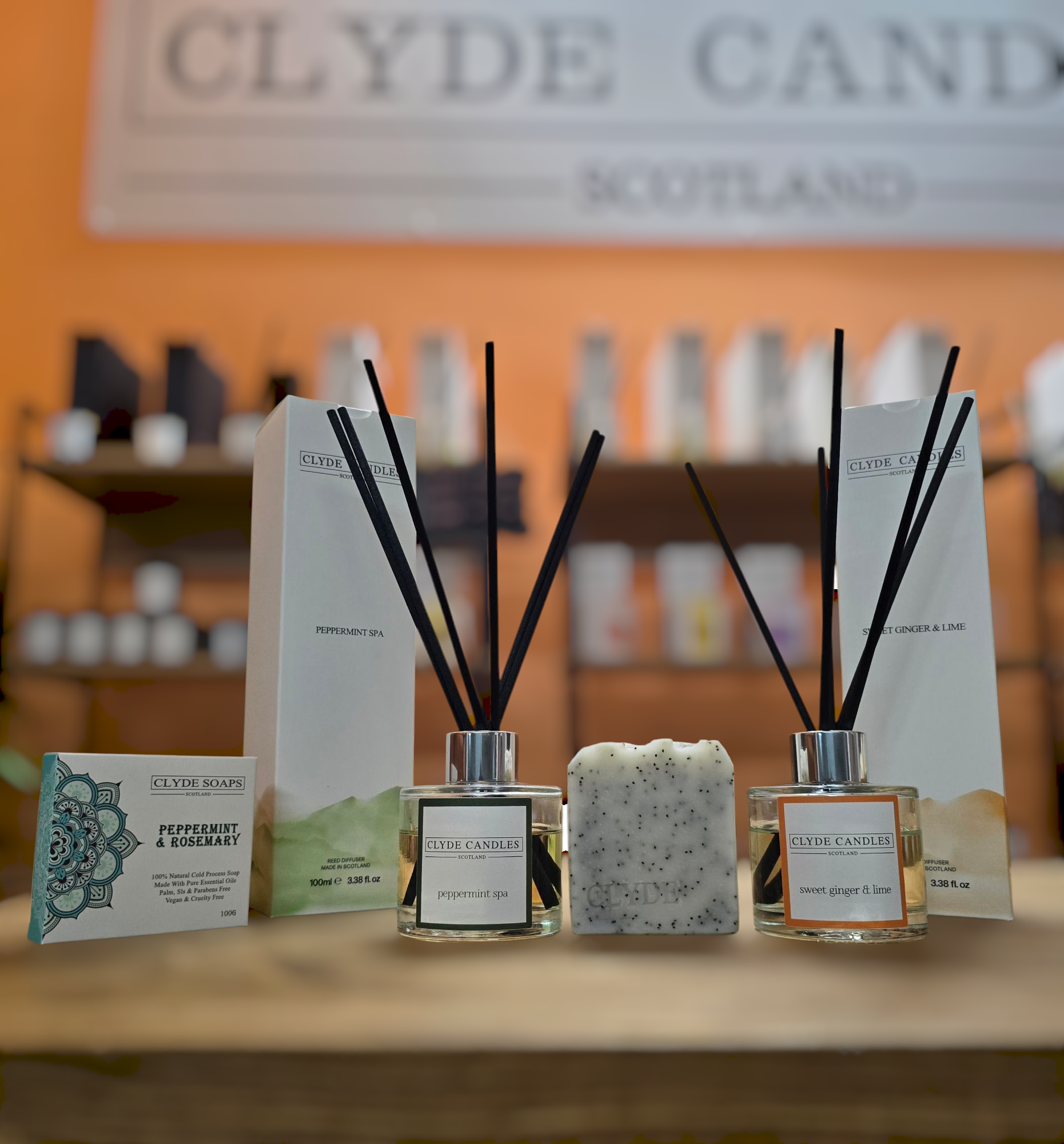 Sweet Ginger & Lime diffuser, Peppermint Spa diffuser, and free Peppermint & Rosemary soap – natural home fragrance gift set by Clyde Candles