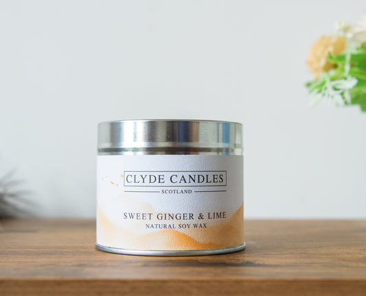 Sweet Ginger & Lime Scented Candle Tin, Natural Soy wax, Scottish Candles, Clyde Candles