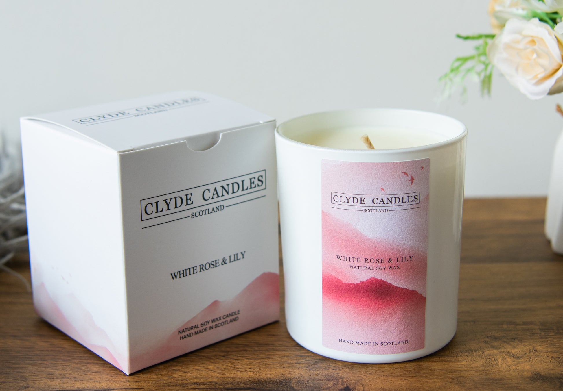 white rose and lily, scented natural soy wax candle gift box, 30cl white glass, hand made british, scottish candle, fairy dust,